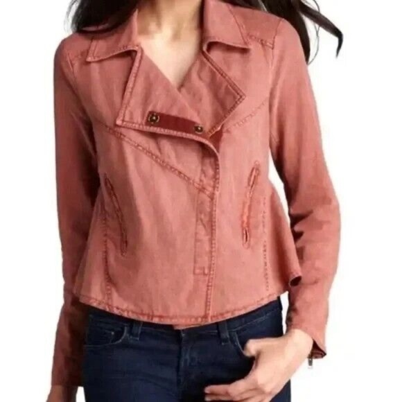 Free People Rosewood Linen Moto Style Jacket Zipper Pockets Snap Close M - Picture 1 of 6